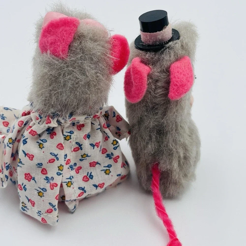 Vintage Handmade Fuzzy Grey Mouse Couple Plush Figurines Wedding Set 3.5‎ Inch